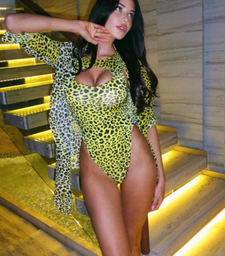 Hollow out yellow leopard sexy one piece bikini