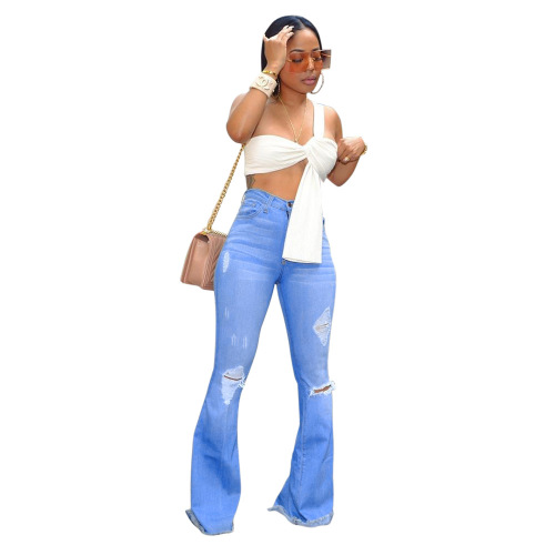 Sky Blue Distressed Bell-bottom Jeans