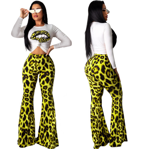 Leopard Print Pants Long  Sleeve Shirt Two Pieces Suit