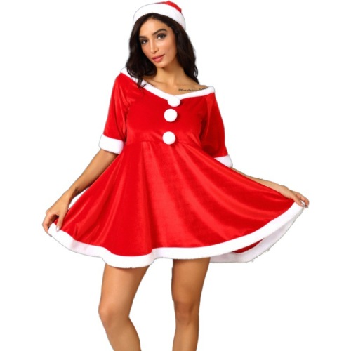 Mrs. Claus Costume Christmas Role Play Outfits Hooded Dress for Women S-3XL