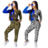 Wacky Expressions Printing Long Sleeve Leopard  Two Pieces Suits