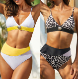 Hot Style Metal Buckle Leopard Print Net Swimsuit Ladies Split Swimsuit S-L