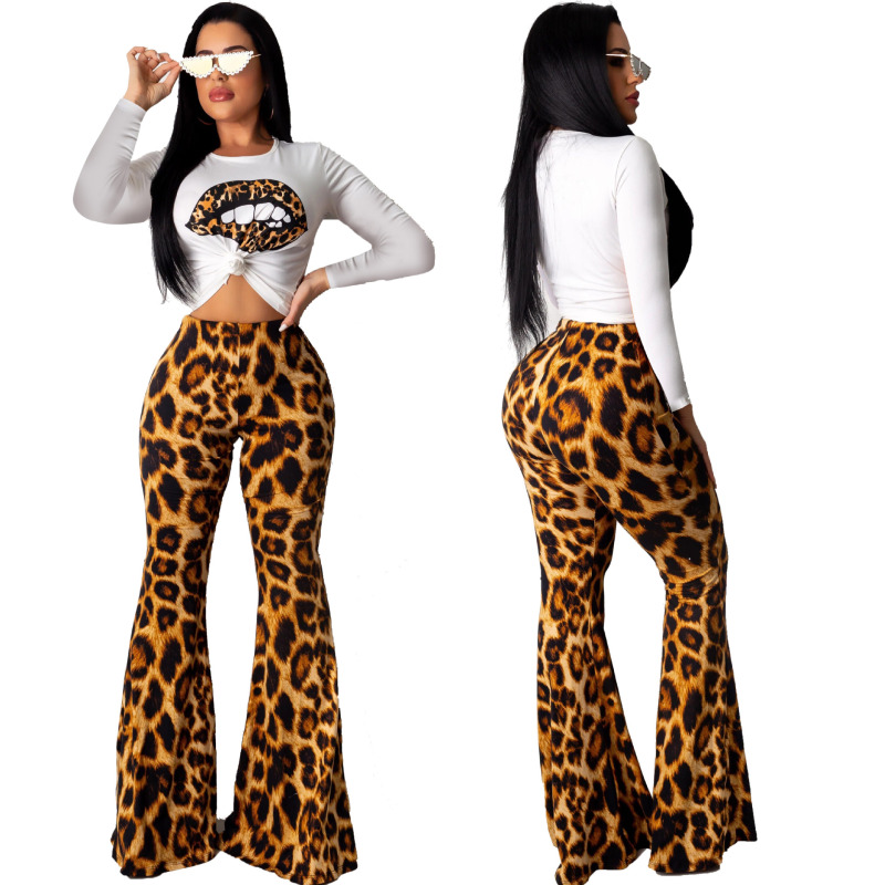 Leopard Print Pants Long  Sleeve Shirt Two Pieces Suit