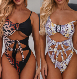 New Arriving Snake-print Button Insert Sexy Strap One-piece Swimsuit S-L