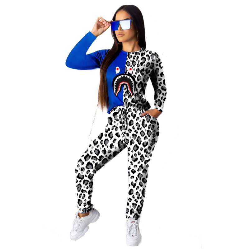 Wacky Expressions Printing Long Sleeve Leopard  Two Pieces Suits