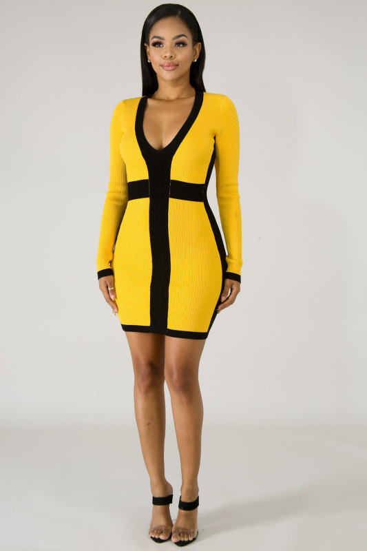 V-neck Yellow Women Slim Dress