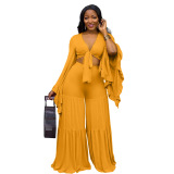Flare Sleeve Women Yellow Two Piece Set With Pants