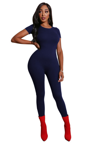 Short Sleeve Solid Color Women Simple Jumpsuit