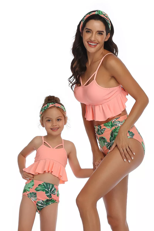 New Arriving Beauty Floral Print Sexy Midriff Ruffle Hem Mom & Child Bathing Suit