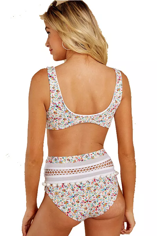 New Style Split High-waisted Floral Print Fringed Decorated Swimsuit S-L