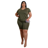 V-neck Solid Color Plus Size Comfort Two Piece Outfit