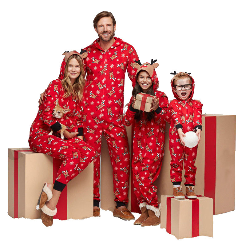 Christmas Parent-child Wear Fashion Hooded Elk Snowman Print Jumpsuit