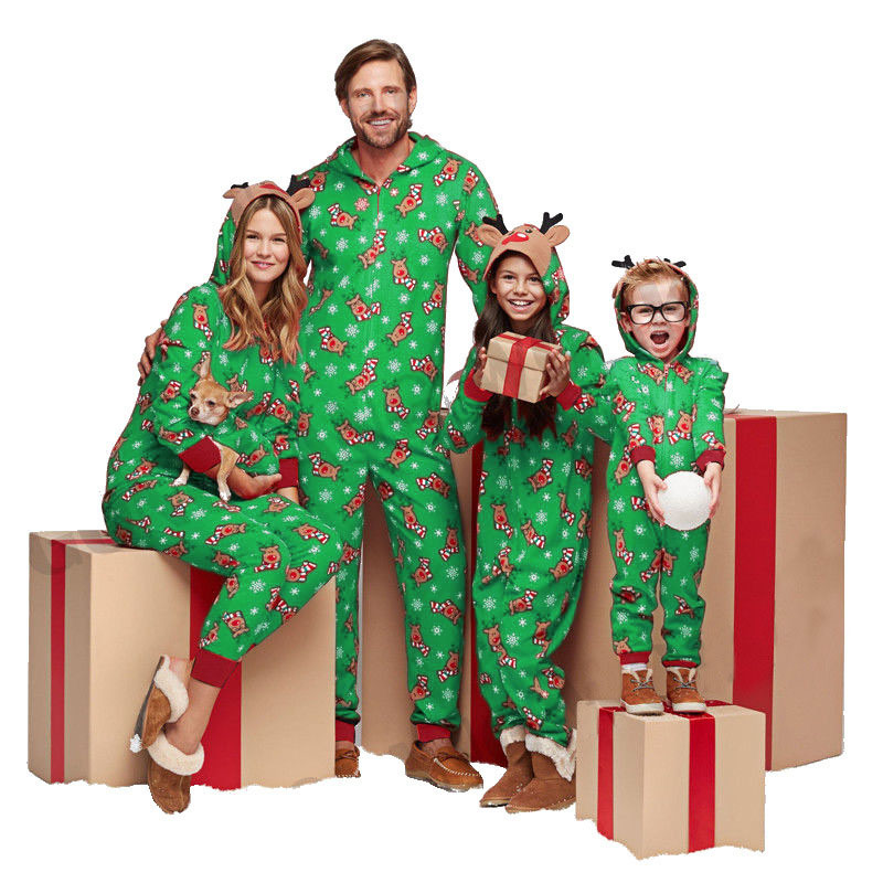 Christmas Parent-child Wear Fashion Hooded Elk Snowman Print Jumpsuit
