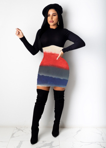 Print Colorblock Long-Sleeve Dress