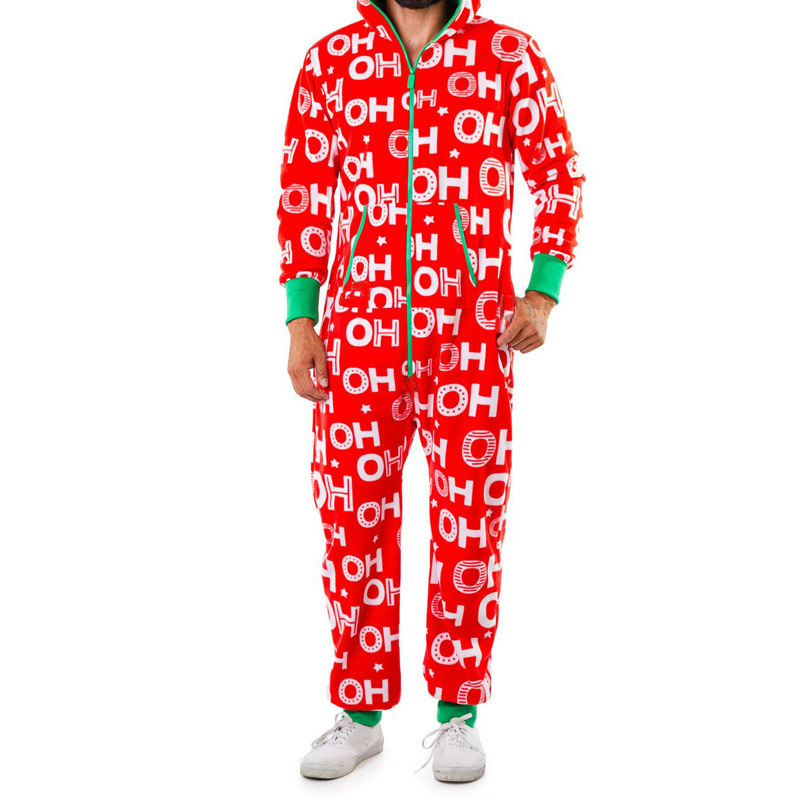 Christmas Men's One Piece Suit Pattern Zipper Long Sleeves Hoodie Jumpsuit With Pocket Christmas Role Play Pajamas