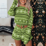New Women Christmas Pajama Sets Long Sleeve Crop Top Shorts 2Pcs Xmas Snowflake Print Knit Fall Homewear S-XXL