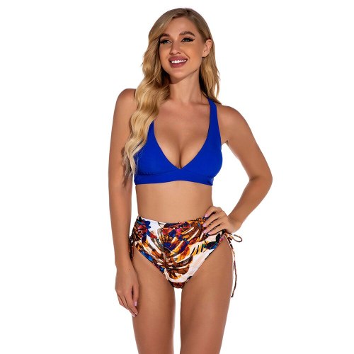 Lace Up Bikini Swimsuit Push Up Print Swimwear Women Blue Biquini Feminino Beachwear Sexy Girls Holiday Bathing Suit Summer