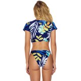 Short Sleeve Bikinis Set Blue Floral Print Swimsuit Knotted Swimwear Women Thong Bathing Suit Biquini Summer Beach Wear