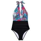 Lace-Up Halter Bandage Monokini Sexy Bikini Backless Maillot Deep V-Neck  High Cut One-Piece Floral Bathers Swimsuit Tankinis