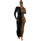 Fashion Long Sleeve Leopard Colorblock Long Dress