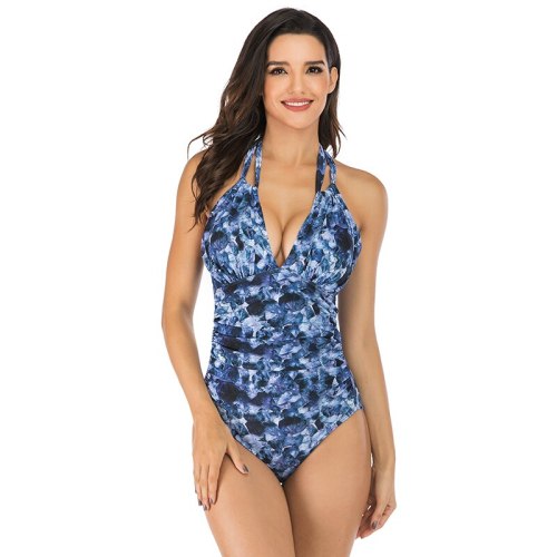 NEW Women Sexy Print V-neck Hanging neck One Piece Swimsuit Bathing Suits Swimwear Summer Beach Wear Plus Size S-XXL