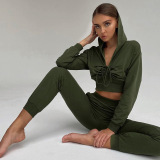 Slim-fit Causal Sports Drawstring Trouser Suit For Women Solid Color Long Sleeved hoodie Two Piece Suit