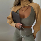 Women Lantern Sleeve High Neck Wool Knit Sleeves Solid Color Sweater