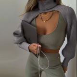 Women Lantern Sleeve High Neck Wool Knit Sleeves Solid Color Sweater