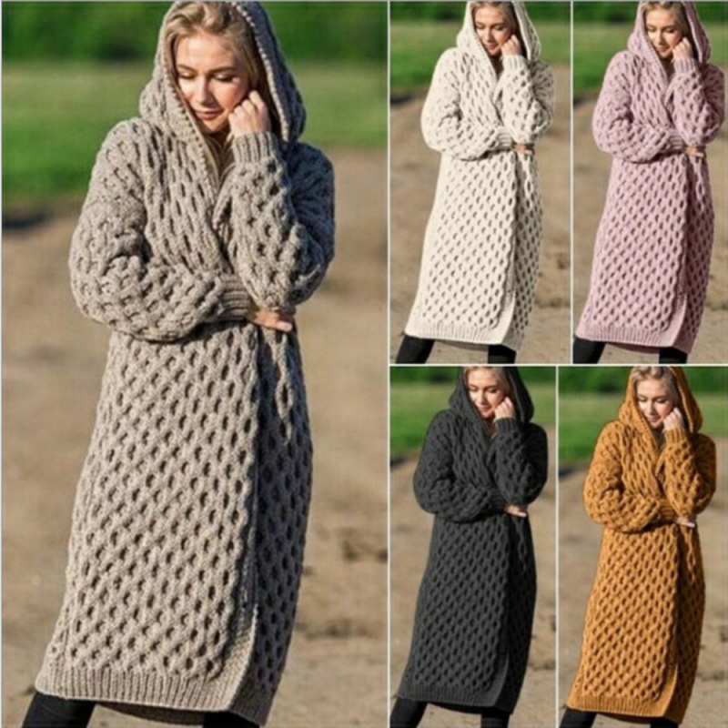 Keep Warm In Autumn And winter, Solid Color Fashion Women's Long Knitted Sweater Hooded Cardigan Jacket