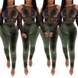 Fashion Patchwork Mesh Sexy Bodysuit Pants Two Piece