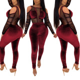 Fashion Patchwork Mesh Sexy Bodysuit Pants Two Piece