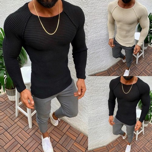 Men Knitted Pullovers Male Solid Color O-neck Striped Long Sleeve Sweater Autumn Winter Slim Fit Casual Sweater