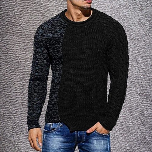 Men's Fashion Solid Color Autumn Knit O-Neck Long Sleeve Spliced Sweaters Casual Slim Fit Pullover Tops