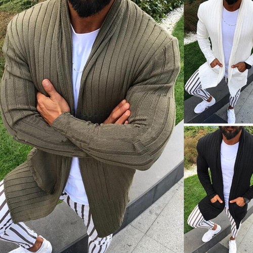 Knitted Cardigan Sweater Men Autumn Casual Slim Fit Mens Shawl Collar Sweater Coat Long Striped Sweaters Male Overcoat XXXL