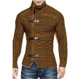 Cable Knit Sweater Men Stand Collar Mens Zipper Cardigan Sweater Coats Casual Slim Autmn Winter Leather Buckle Knitwear Pull 3XL