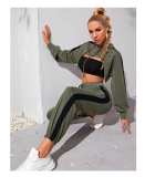 Contrast Stitching Cropped Crop Top High Waist Loose Fit Thin Feet Pants Sport Two pieces Outfit