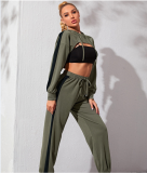 Contrast Stitching Cropped Crop Top High Waist Loose Fit Thin Feet Pants Sport Two pieces Outfit