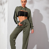 Contrast Stitching Cropped Crop Top High Waist Loose Fit Thin Feet Pants Sport Two pieces Outfit