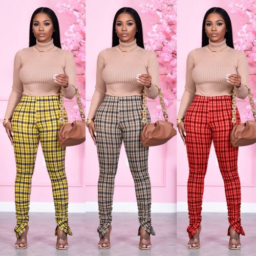 Women Slit Plaid Pleated Ankle-length Pants Yellow Red Gray S-XL