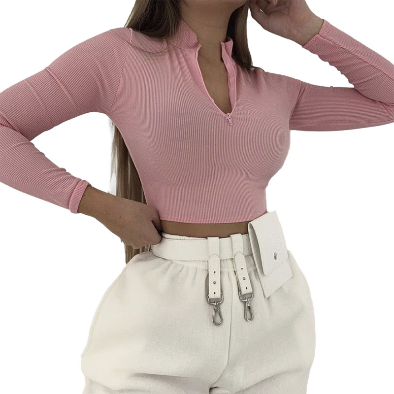 Women Long Sleeve Zipper Slim Crop Tops Pink S-L