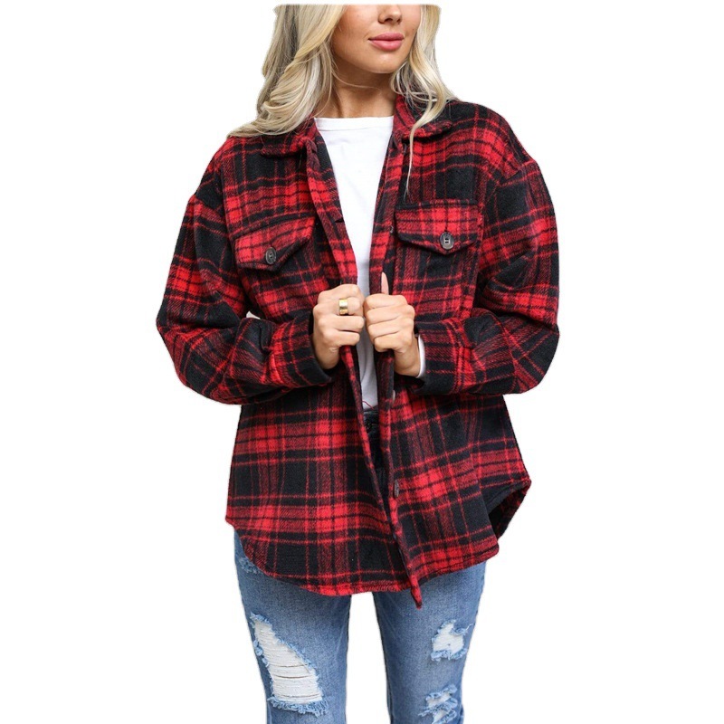 Women Loose Lapel Woolen Plaid Coat Red Khaki Black S-XL