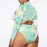 Plus Size Bikini Set Green Print High Waist Swimwear Women Long Sleeve Two Piece Swimsuit African Bathing Suit 5XL Biquini