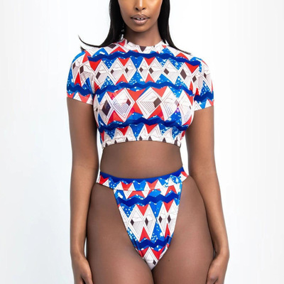 New Bikini Short-sleeved Swimsuit Printed Plaid Plus Size Sexy High Waist Female Swimsuit