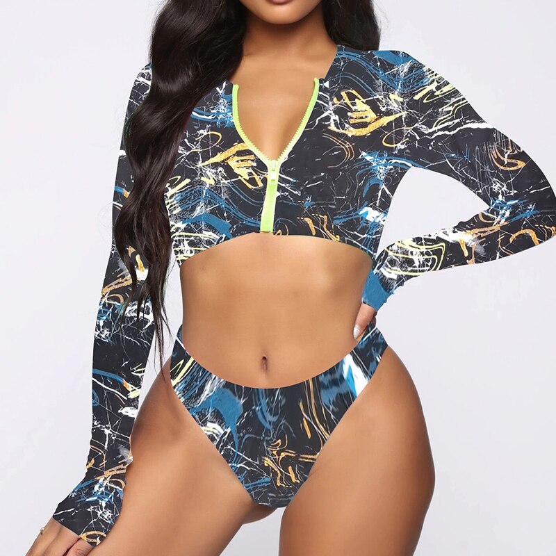 Plus Size Tie Dye Swimwear Women Sexy Zipper Bikini Set Long Sleeve Two Piece Swimsuit African Bathing Suit Brazilian S-5XL