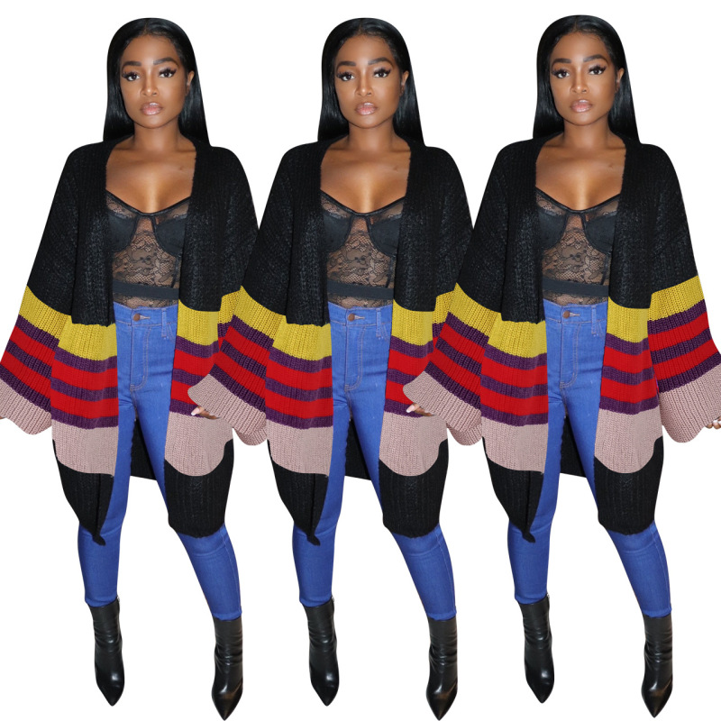 Women Colorblock Long Sleeve Stylish Outwear Sweater Cardigan Black S-XL