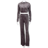 Women Casual Long Sleeve Crop Tops Coat &Bandeau Bra & Wide Legs Pants Three Piece Set Coffee Gray S-L