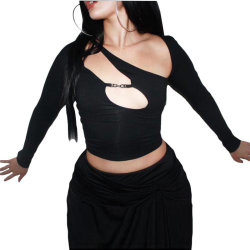 Lady Sexy Hollow Out Long Sleeve Crop Tops Black S-L