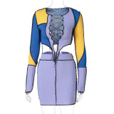 Women Colorblock Long Sleeve Tops & Skirt Two-piece Set Pink White Purple Blue Brown S-L