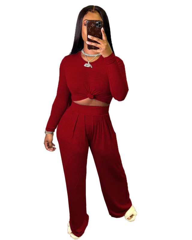 Women Solid Color Causal Two Piece Set Gray Black Wine Red Blue S-2XL