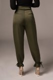 Women Solid Color Strappy Ankle High Waist Casual Pants White Khaki Black Brown Army Green Orange S-L